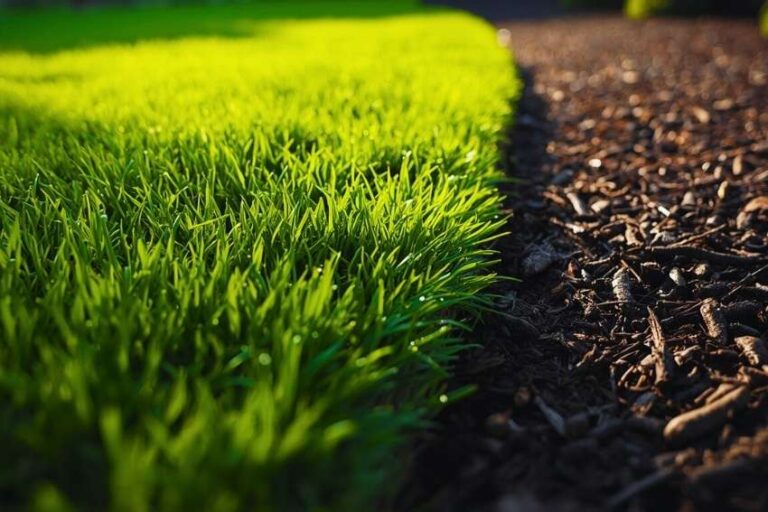 Landscape bed edging in Nazareth, PA with sharp hand-cut borders that separate green grass from fresh mulch.