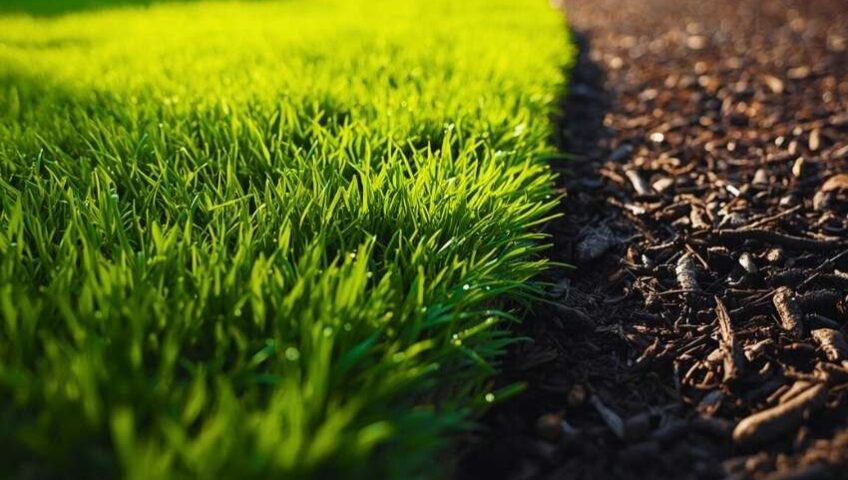 Landscape bed edging in Nazareth, PA with sharp hand-cut borders that separate green grass from fresh mulch.