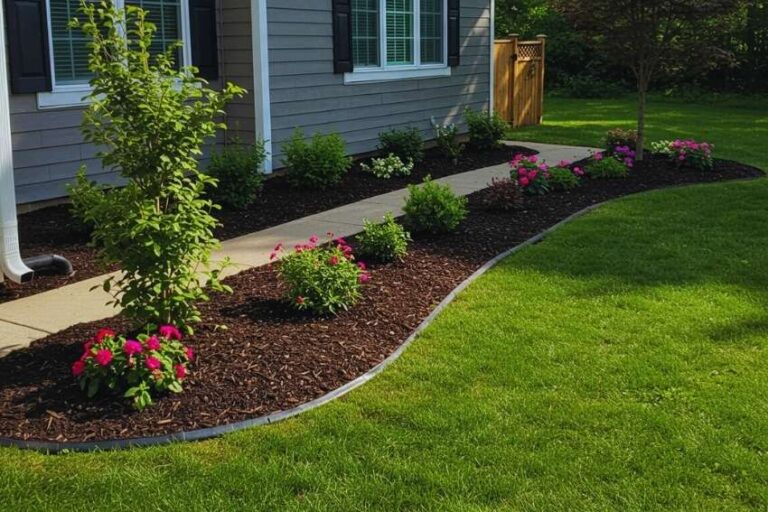 Fresh mulch bed redesign in Nazareth, PA with crisp hand-cut edges and vibrant mulch that highlights shrubs and flowers.