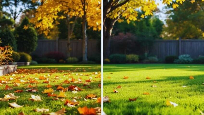 Seasonal yard clean-up in the Lehigh Valley showing leaves cleared, beds tidied, and a lawn prepped for healthy growth