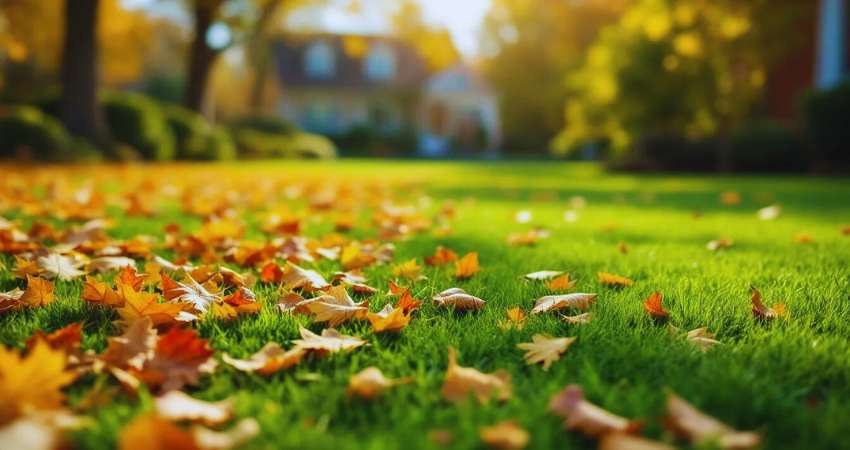 Fall yard cleanup in Nazareth PA showing before and after — leaves cleared and lawn refreshed.