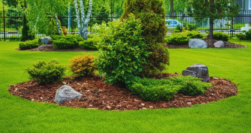 Landscape bed maintenance in Nazareth PA — trimmed shrubs, fresh mulch, and defined bed edges.